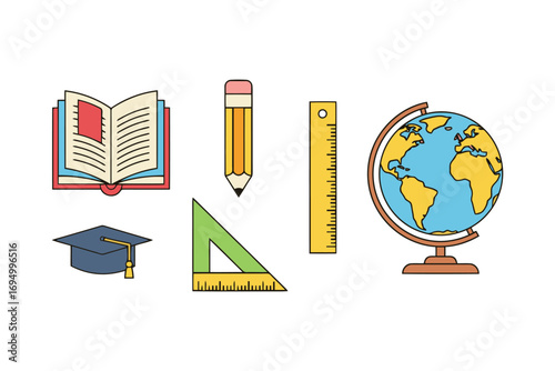 School supplies and graduation cap icons for education and learning white background