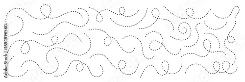 Hand drawn squiggle line. Trip dashed trace destination track path line collection. Long dashed spiral wavy line. Curve dotted line. Border design, traveling symbol, divider element,