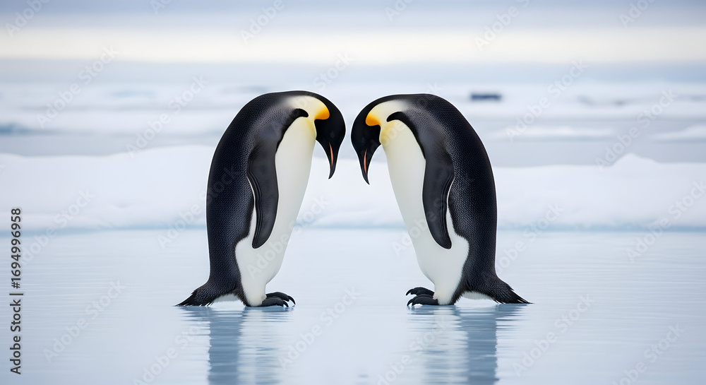 Fototapeta premium Pair of Emperor Penguins on Icy Shelf — Intimate Antarctic Scene with Two Penguins Facing Each Other on Snow and Blue Glacial Background for Wildlife, Conservation and Polar Photography