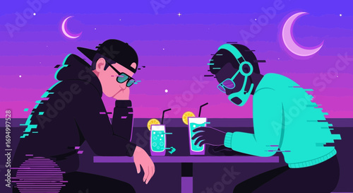 Vaporwave aesthetic illustration of two people drinking under the moonlight night with glitch