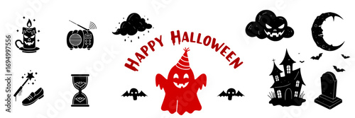 Halloween elements with spooky ghost and festive decorations - vector set 