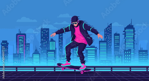 Vaporwave skater in futuristic city, vibrant colors and dynamic motion aesthetic art