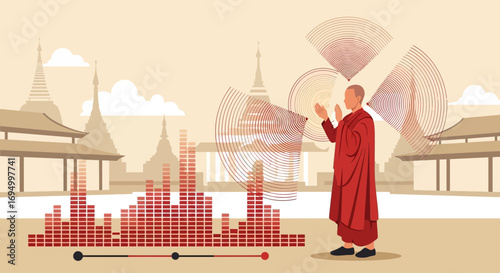 Vector illustration depicting a buddhist monk in prayer with soundwaves and cityscape