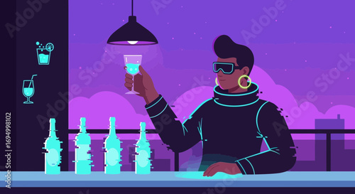 Vibrant Futuristic Bar Scene with Retro-Futuristic Style and Neon Accents Creating a Modern and