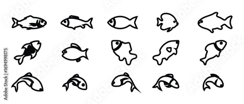 Fish icons set , fish silhouettes ,Seafood icons, fishing symbols, outline fish icons, ocean symbol or logovector illustration EPS 10.