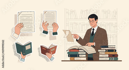 Vintage academic illustration depicting a man reading surrounded by books and documents
