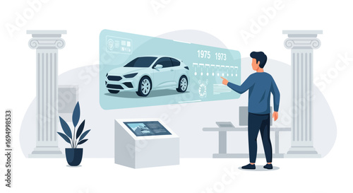 Virtual car presentation with interactive display in the futuristic auto museum environment