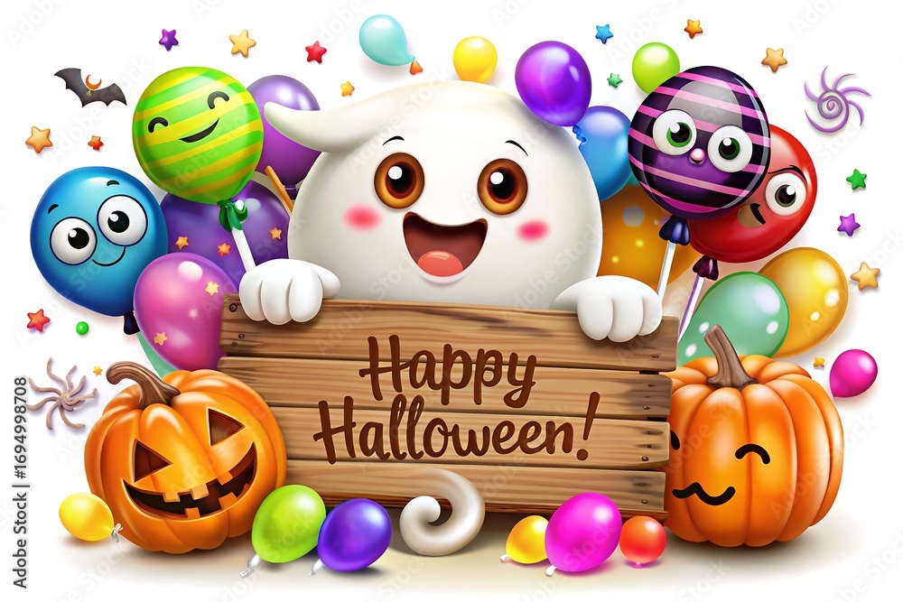 Obraz premium Cute halloween ghost character with pumpkins and colorful balloons