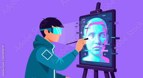 Virtual reality artistic creation a person using a vr headset to paint a digital portrait