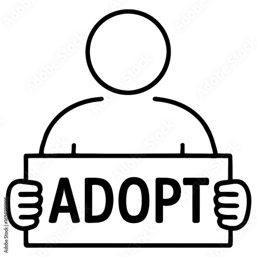 Line icon of person holding adopt sign symbolizing pet adoption rescue and support