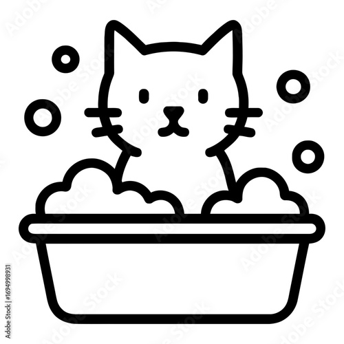Line icon of cat in bathtub with bubbles symbolizing pet grooming and cleanliness