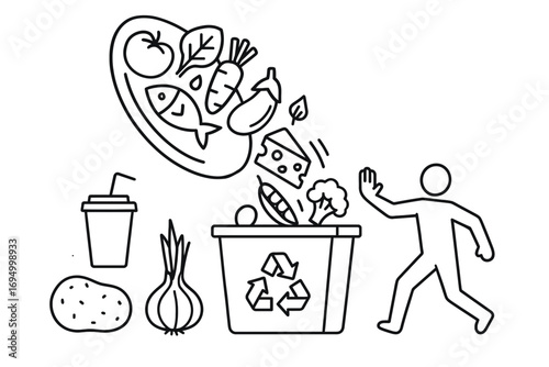 Line illustration of person throwing food waste into recycling bin symbolizing loss