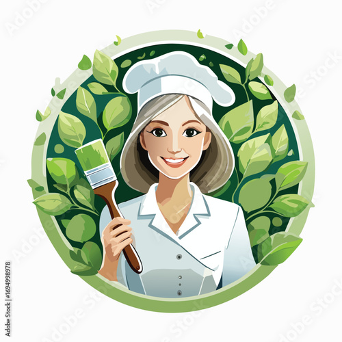 female chef holding a tray with vegetables