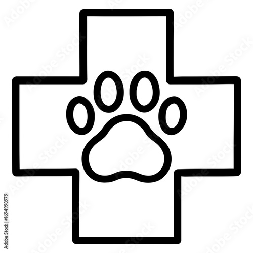 Line icon of medical cross with paw print symbolizing veterinary care and animals