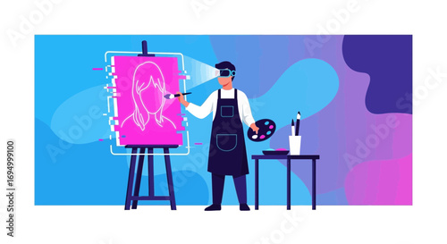 Virtual reality painting experience: artist using vr headset to create digital artwork on canvas