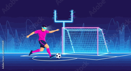 Virtual reality soccer training illustration, player with vr headset practicing penalty kicks,