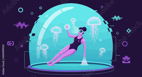 Virtual reality underwater exploration, woman immersed in ocean with jellyfish and digital effects