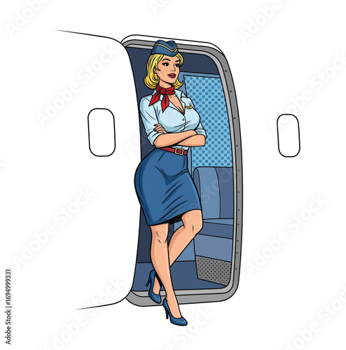 Confident Retro Pop Art Stewardess Welcoming Passengers in an Airplane Doorway