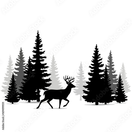Deer walking through pine forest silhouette isolated on white background