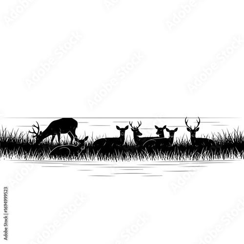 Herd of deer in grass silhouette isolated on white background