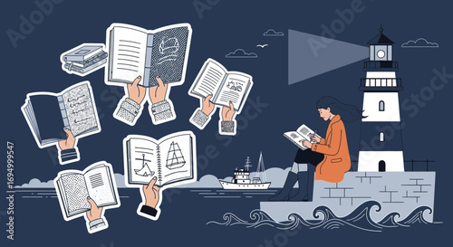 Whimsical nautical illustration featuring a woman reading by a lighthouse and books