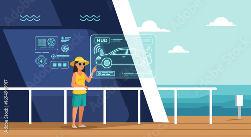 Woman exploring autonomous vehicle technology on a cruise ship with HUD display