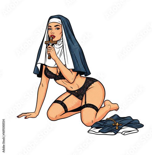 Seductive Pop Art Pin-up of a Nun in Lace Lingerie Holding a Crucifix to Her Lips