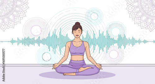 Woman meditating in lotus position with sound wave and mandala illustrations