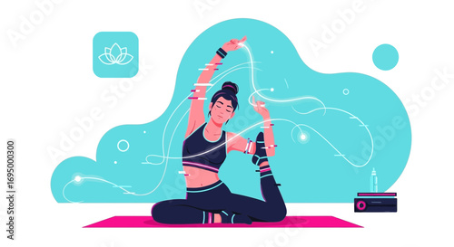 Woman practicing yoga in a studio with teal background for health and wellness illustration
