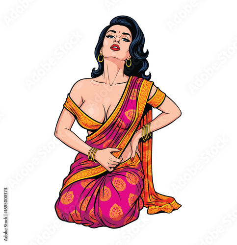 Glamorous Indian Woman in a Vibrant Pink Traditional Saree Kneeling Seductively