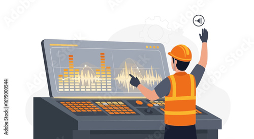 Worker monitoring a control panel with data visualization and connected technology
