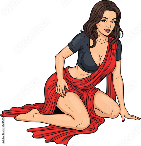 Beautiful Woman in a Red Saree Kneeling Seductively on the Floor