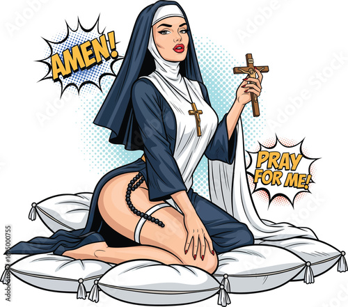 Funny Comic Pop Art Pin-up of a Sexy Nun Praying with a Crucifix on Pillows