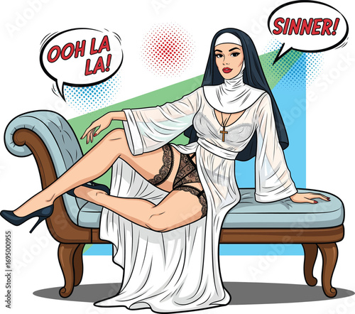 Seductive Comic Pop Art Pin-up of a 'Sinner' Nun in Lingerie on a Chaise Lounge