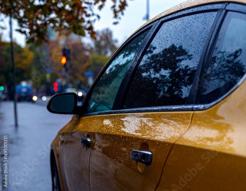 Close-Up of a Yellow Taxi Window with Rain Streaks