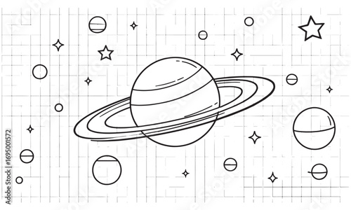 Monochrome Outline Space Illustration with Saturn and Celestial Bodies on Grid Background