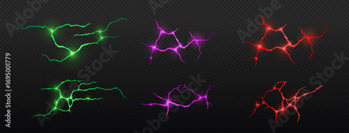 Abstract volcanic lava texture with cracks and colorful magma glow in purple, green and red colors