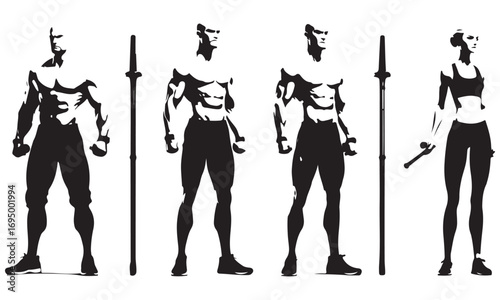 Black and White Graphic Silhouettes of Muscular Athletes with Training Weapons