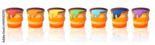 Bucket paint can pot vector shows orange containers where red, yellow, green, blue and purple dye drips in renovation. Bucket paint set suits kids illustration, house repair and construction design.