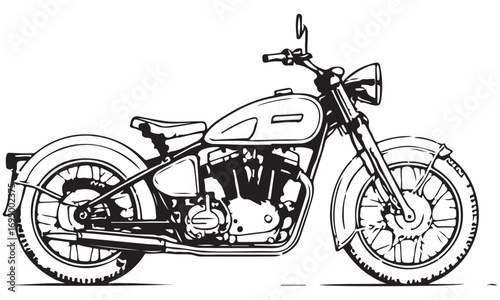 Vintage Motorcycle Illustration in Black and White Line Art Style