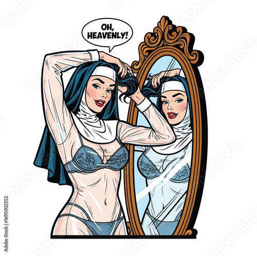 Sexy Comic Pop Art Pin-up of a Nun in Lingerie Admiring Herself in a Mirror