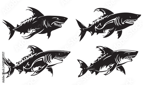 Four fierce black and white shark illustrations in a dynamic tribal style