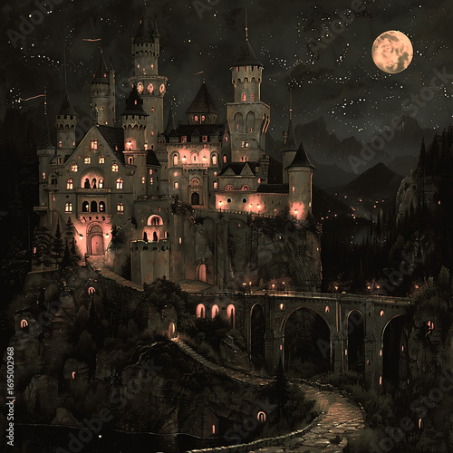 A dark fantasy castle lit by warm glowing lights, perched on a rocky cliff under a full moon; a mysterious and enchanting atmosphere with Gothic and medieval touches.
