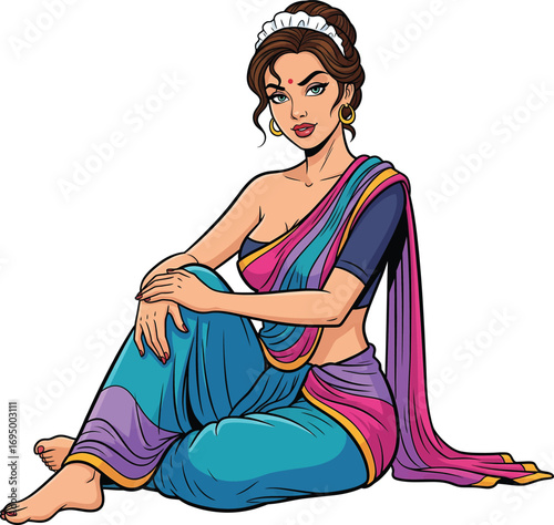Beautiful Indian Woman in a Colorful Traditional Saree Sitting Barefoot on the Floor