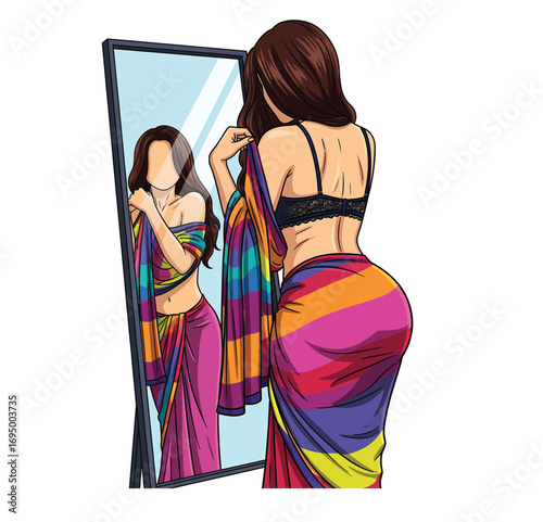 Beautiful Woman Getting Dressed in a Colorful Traditional Saree in Front of a Mirror