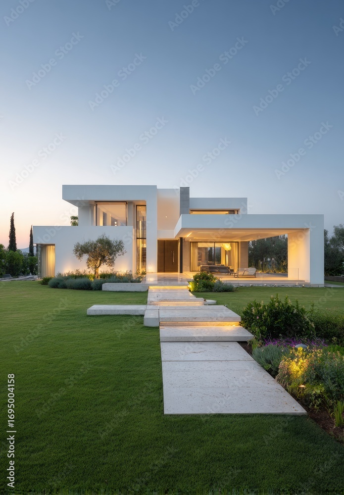 Fototapeta premium Modern, minimalist house at twilight, with light steps