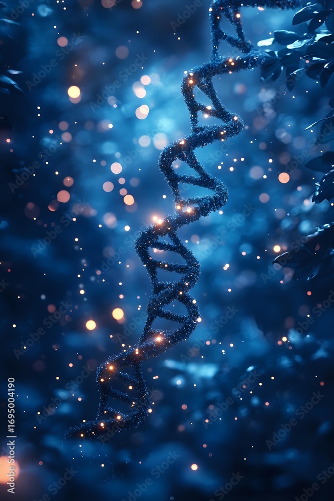 Obraz premium Glowing DNA helix structure on dark blue background with bokeh light effects and particles, representing genetic research and biotechnology advancement.