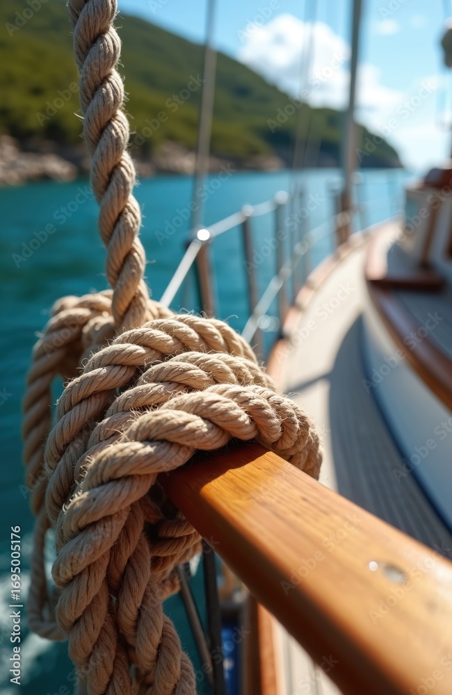 Obraz premium Close-up on thick coiled rope tied to wooden railing on sailboat. Turquoise water and green hill in background. Nautical theme, ready for sea voyage, mooring, or adventure.
