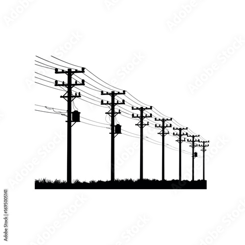 Black silhouette of telephone poles with wires and grass power line electricity