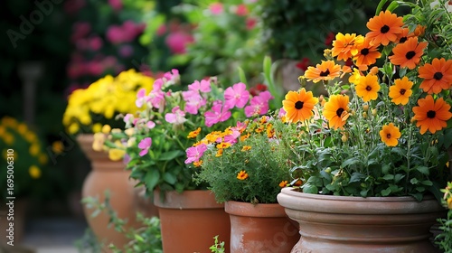 Wallpaper Mural Potted flowers with orange and pink blooms arranged in terra cotta garden pots row Torontodigital.ca